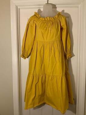 River Island Mustard Yellow Off-The-Shoulder Tiered Cotton Midi Dress, Size 8